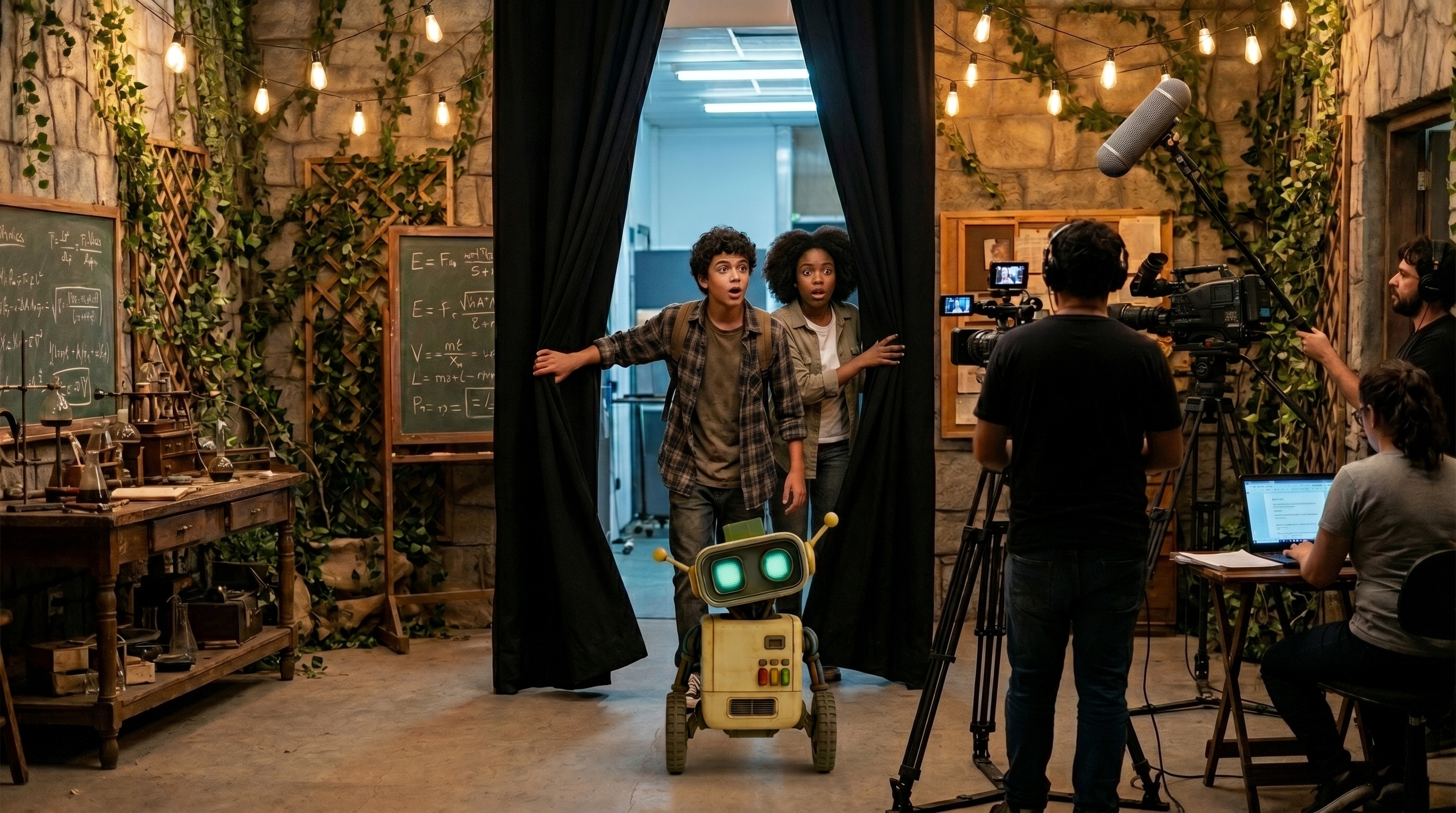 No set do filme, a turma espia por uma cortina para o laboratório cenográfico enquanto a equipe filma, com o Byte na cena.