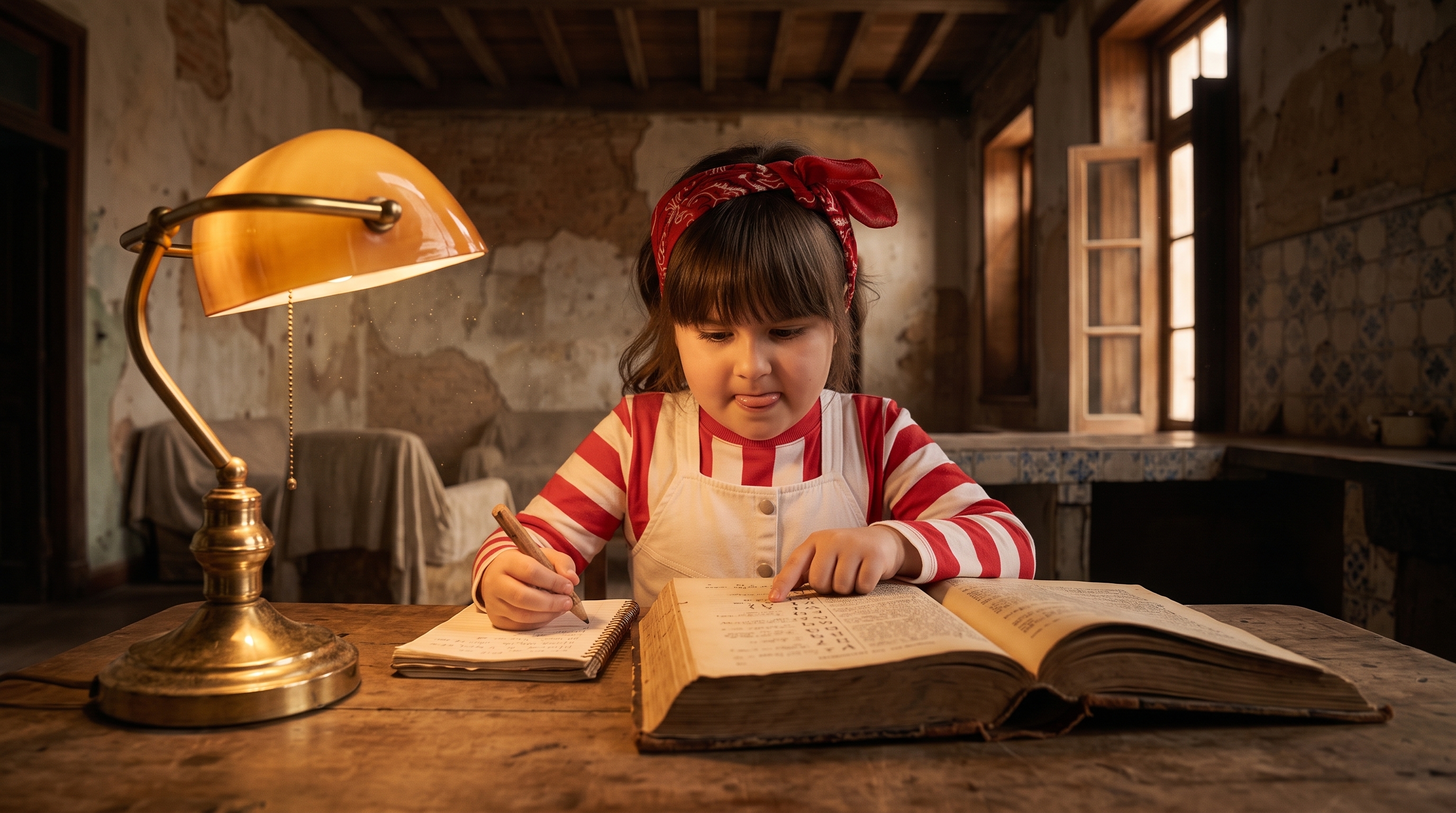 Alice, pequena, debruçada sobre livros antigos e um dicionário de grego.