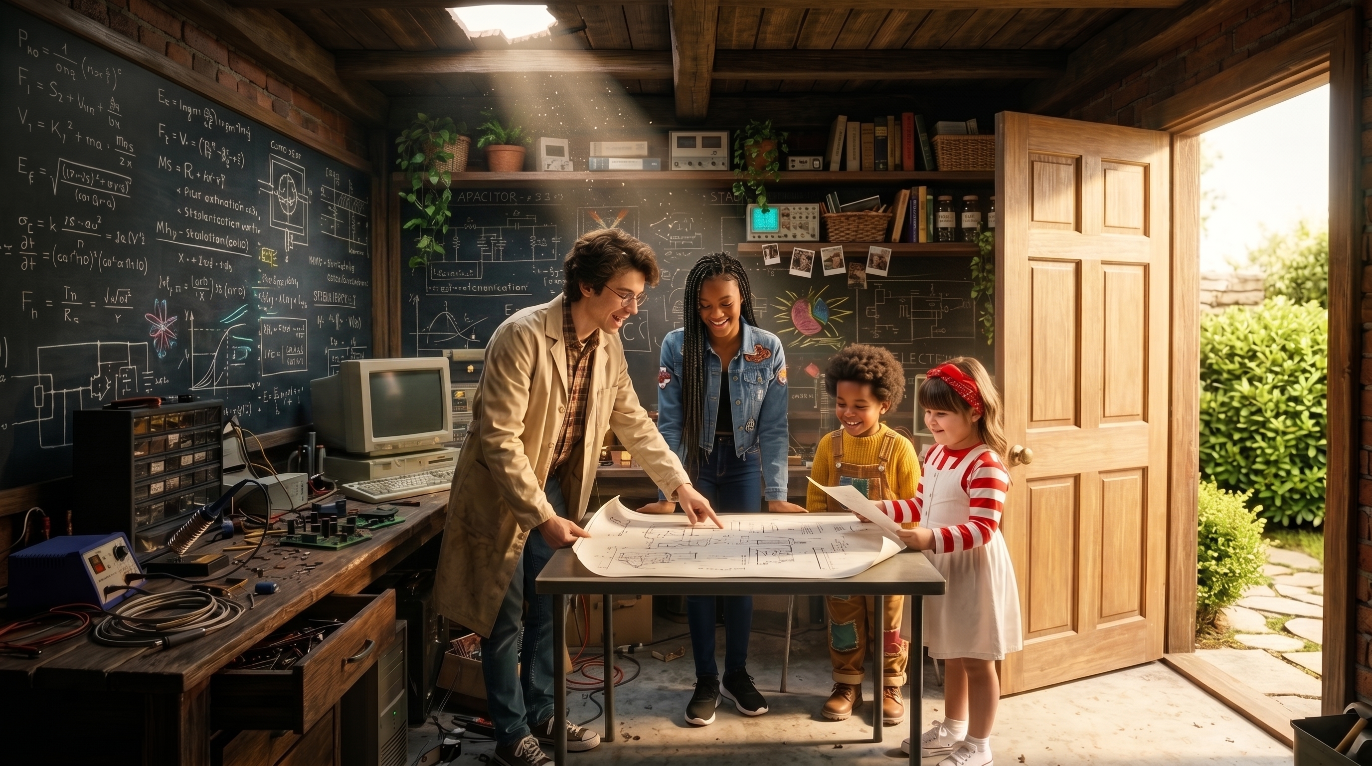 A família reunida na edícula de porta aberta, discutindo um desenho.