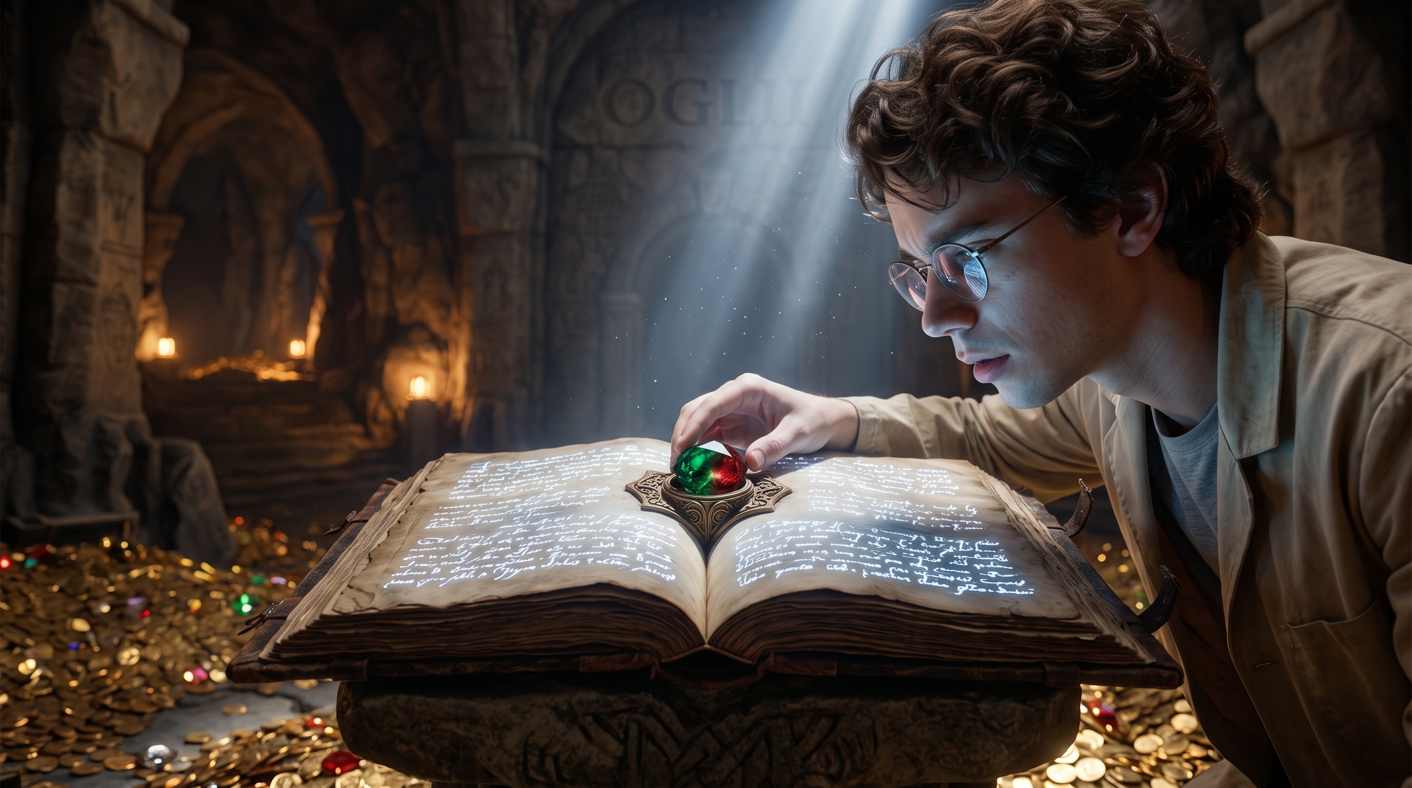 Percival lê as páginas do livro que brilham à luz da lua.