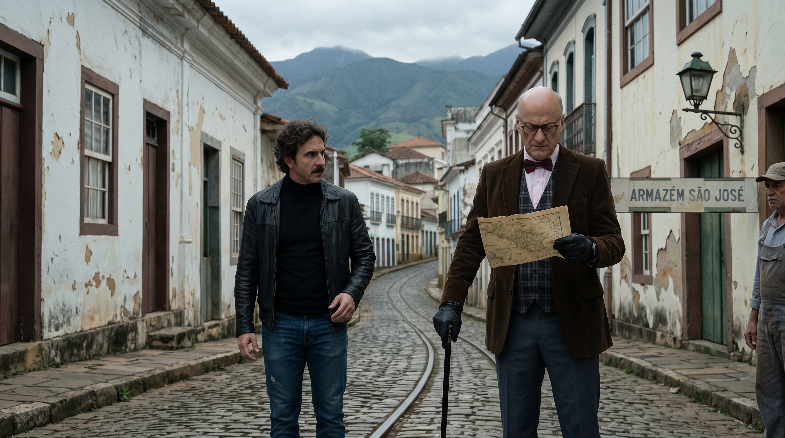 Os capangas Pardal e Dr. Arnaldo interrogam moradores na rua da cidade.