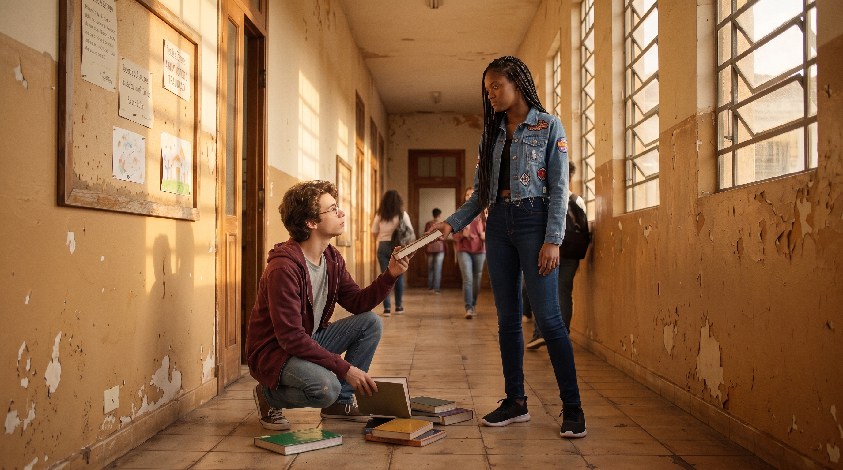 Na escola, Maria defende o novato Percival, juntando os livros derrubados no chão.