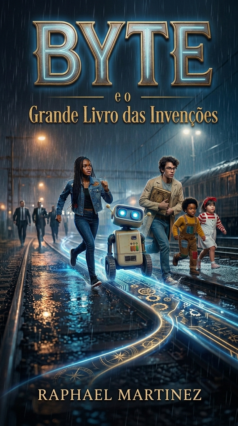 A capa do romance Byte e o Grande Livro das Invenções, com a turma correndo pelos trilhos na chuva.