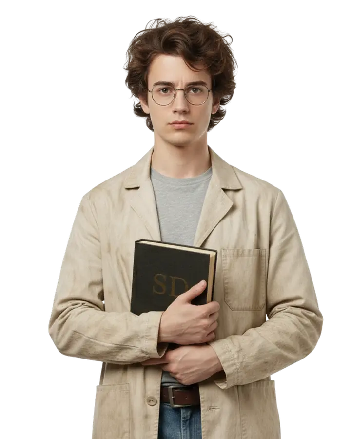 Percival, o inventor tímido, de mochila e óculos.