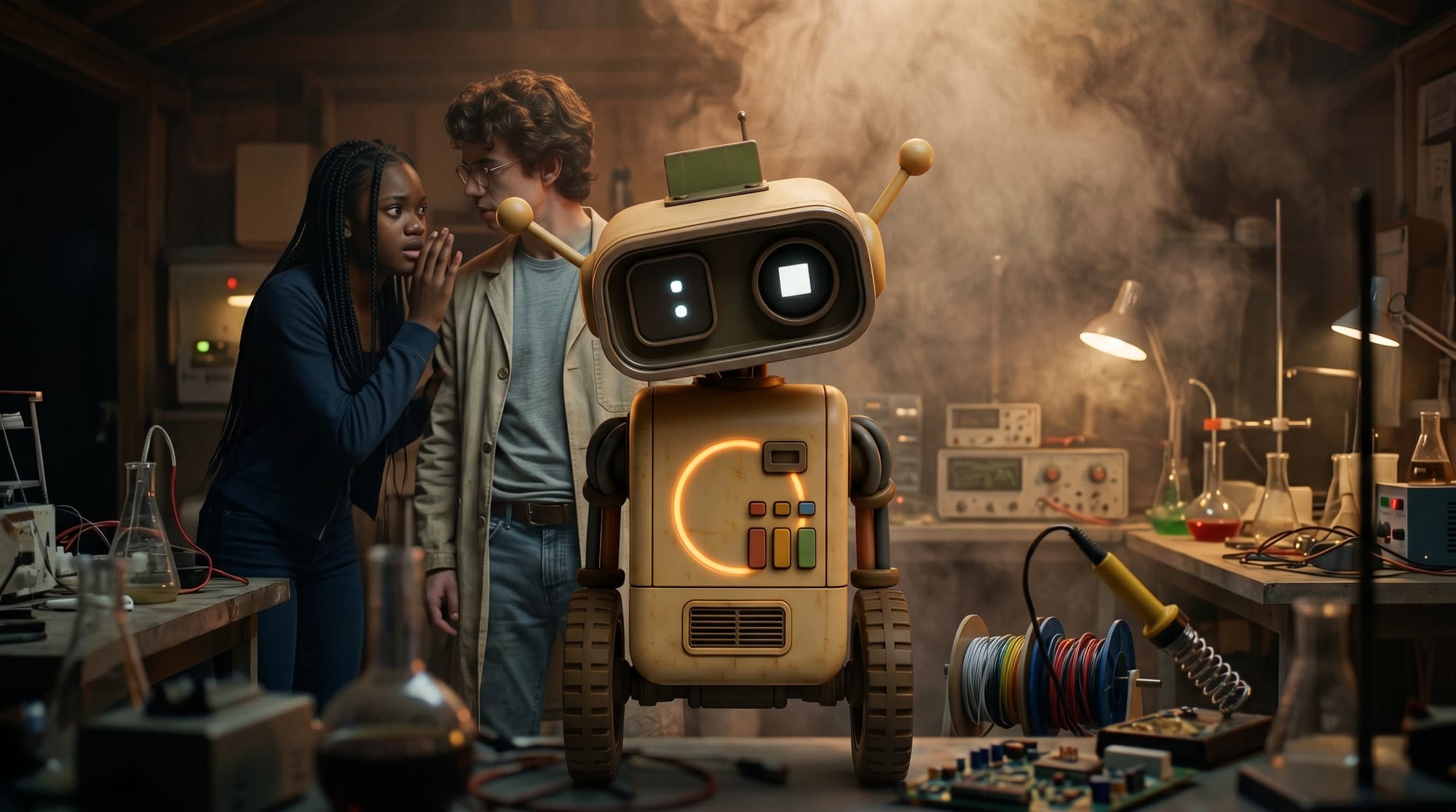Entre a fumaça dourada do laboratório, o Byte ganha vida diante de Percival e Maria.