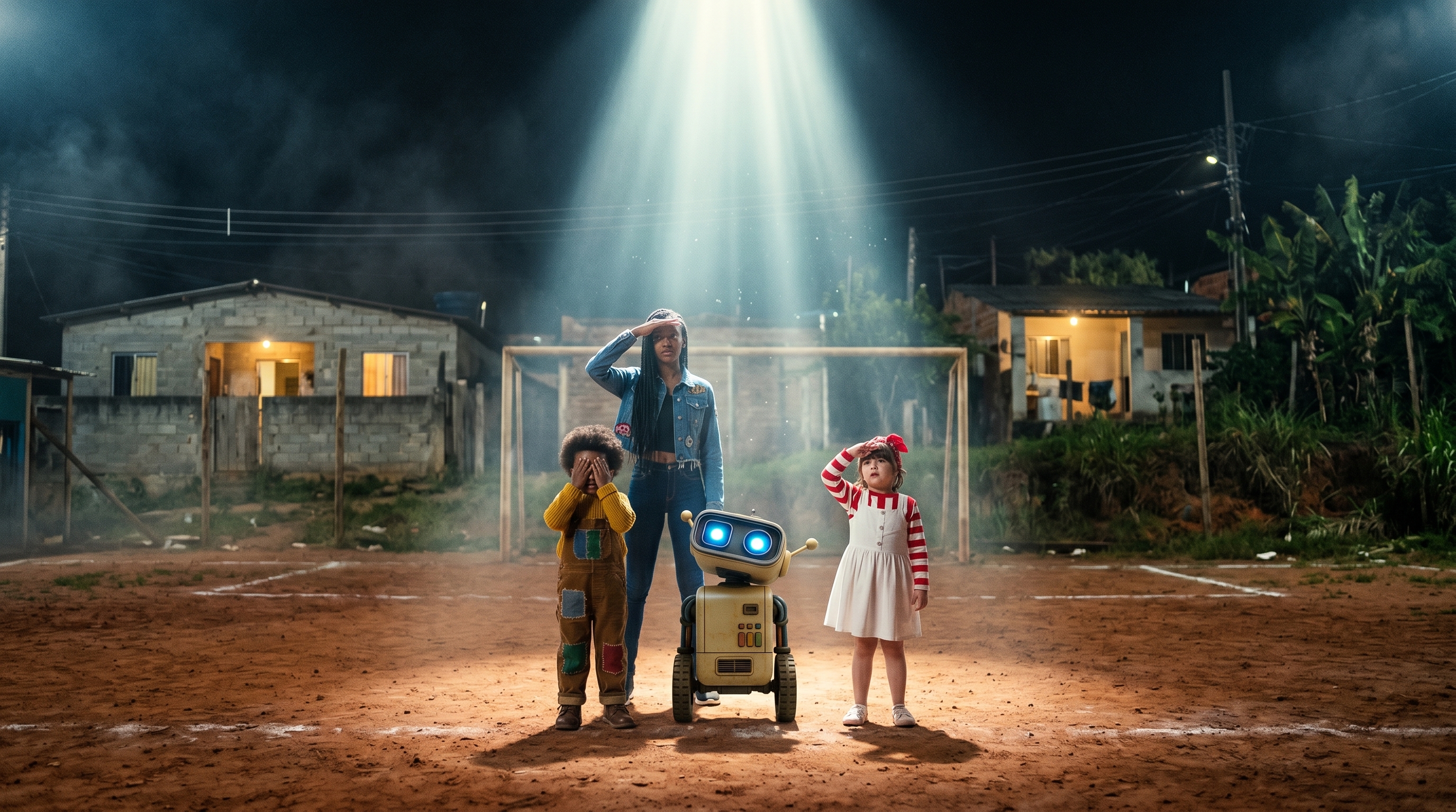 A turma e o Byte, num campinho à noite, banhados por um imenso facho de luz.