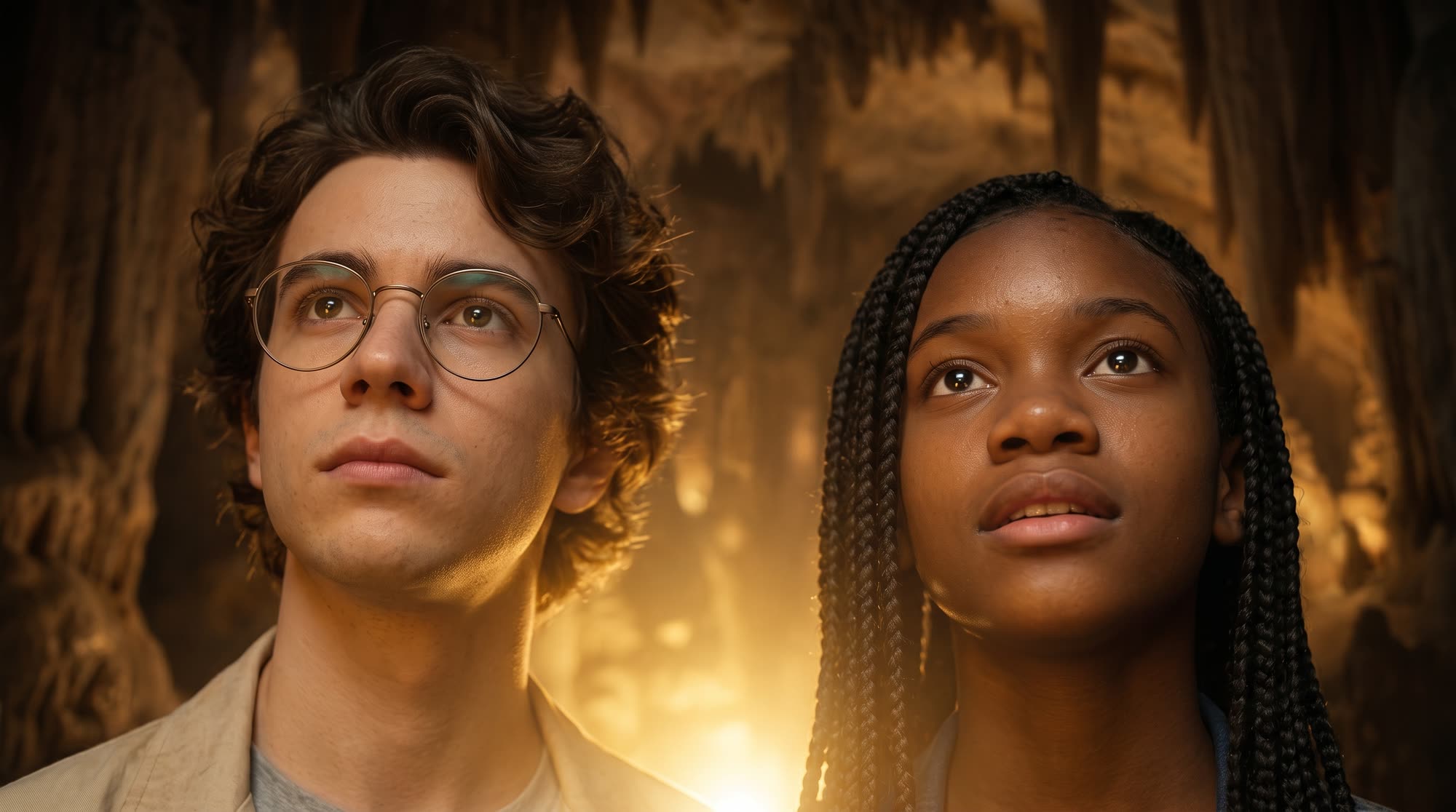 Percival e Maria olham para cima, iluminados por uma luz dourada dentro de uma caverna.