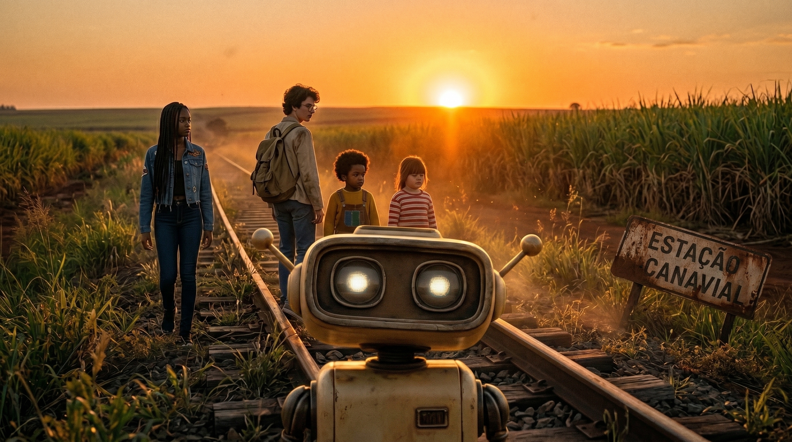 Ao entardecer, a turma e o Byte caminham pelos trilhos ao lado de um canavial.