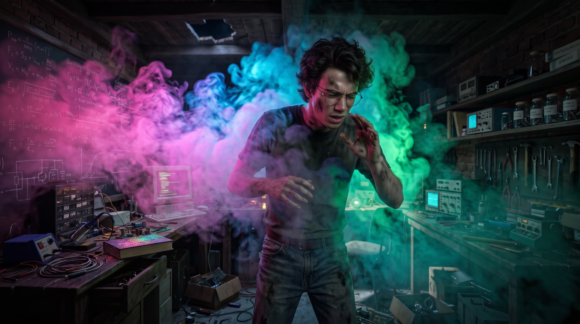 Percival, coberto de fuligem, no meio de uma explosão de fumaça colorida no laboratório.