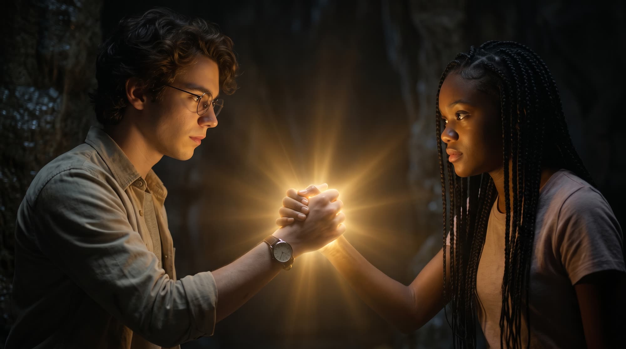 Percival e Maria apertam as mãos e uma luz dourada nasce entre elas.