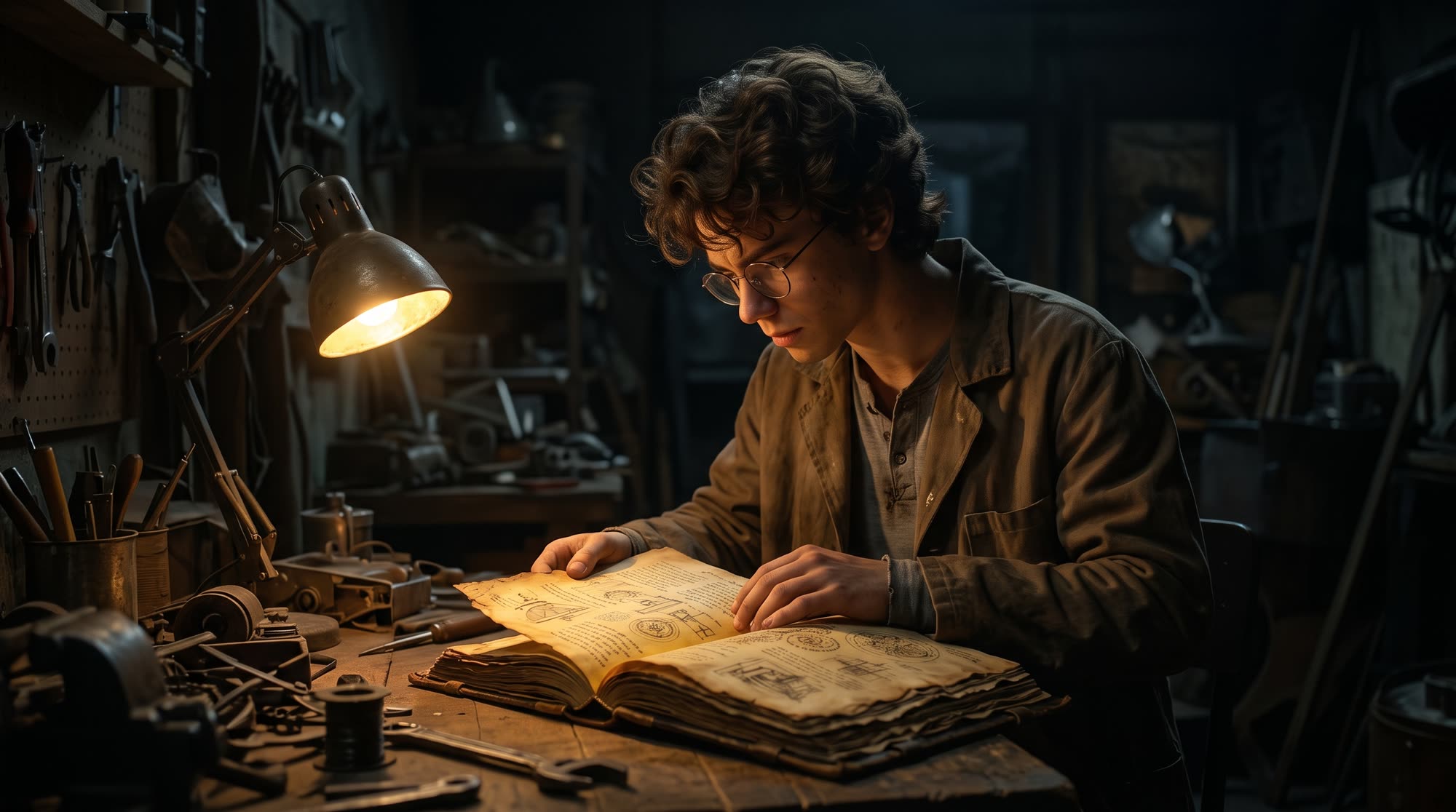 Percival, de olhos arregalados, diante de uma descoberta que o ilumina com uma luz dourada.
