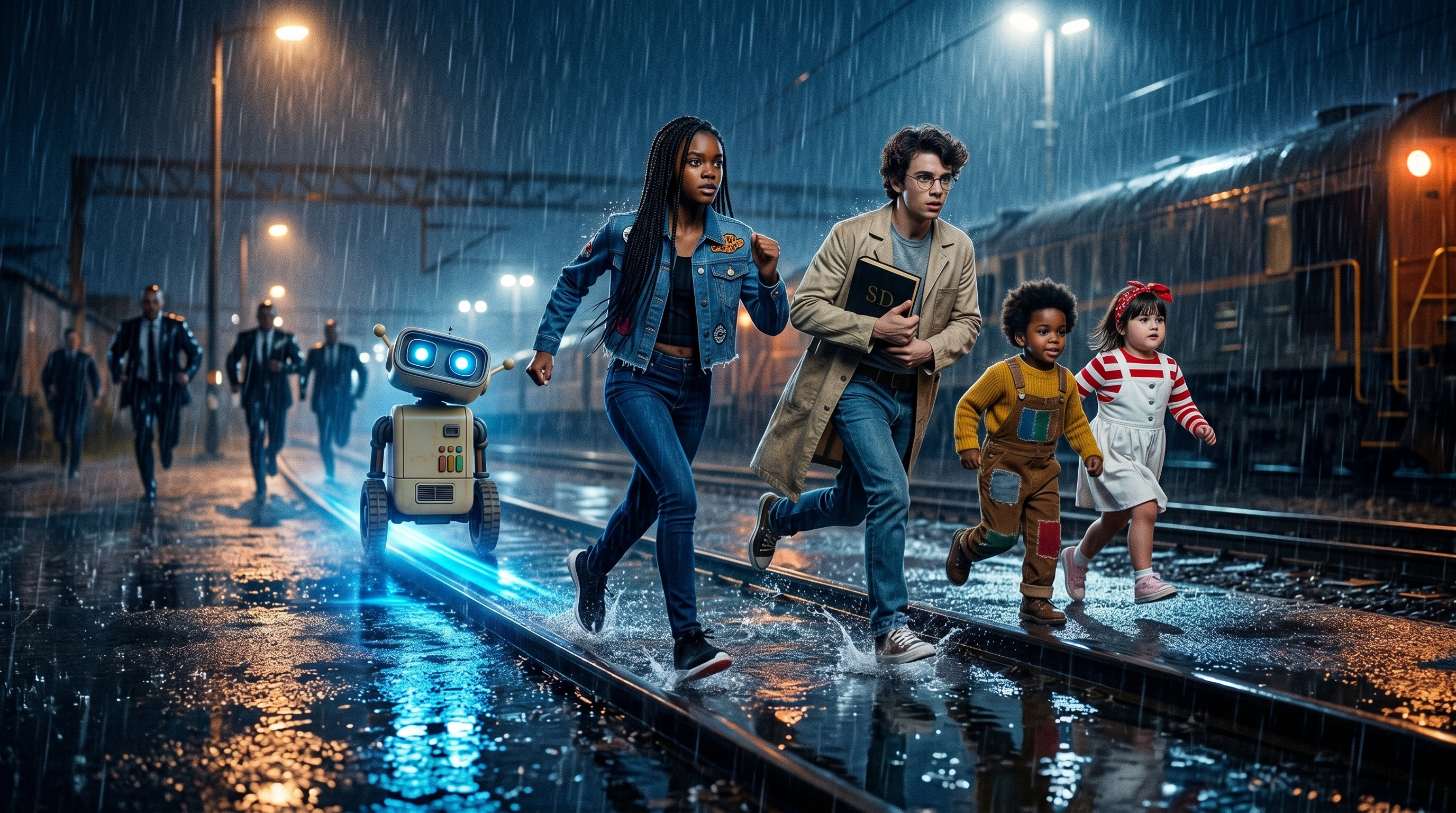 Na chuva, a turma e Byte fogem pelos trilhos enquanto homens de terno os perseguem com lanternas.