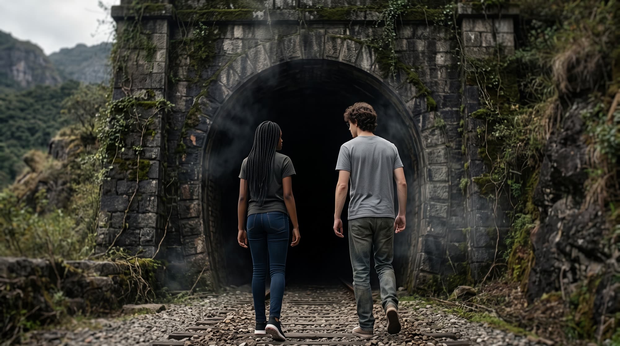 Maria e Percival, de costas, diante da boca escura de um túnel de pedra na mata.