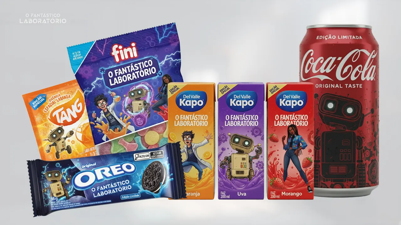 Embalagens de edição limitada do Byte em marcas como Coca-Cola, Oreo, Tang, Fini e Del Valle Kapo.