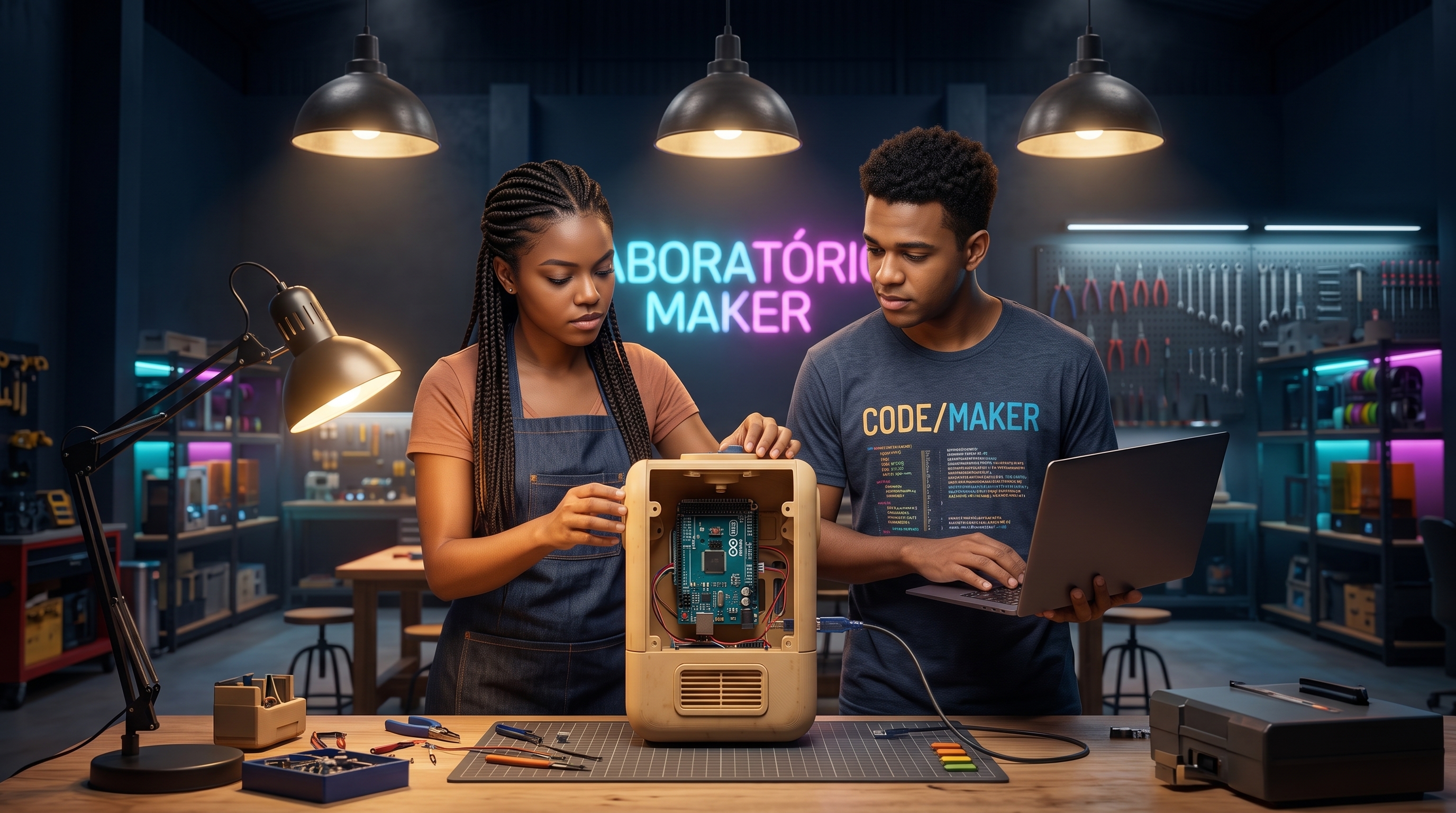 Dois jovens makers montam o núcleo eletrônico dentro do corpo do Byte, sob o letreiro Laboratório Maker.