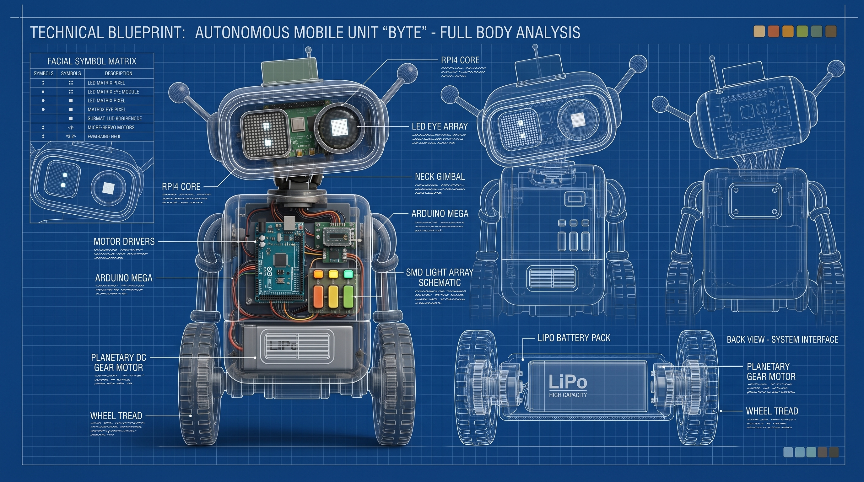 Blueprint técnico do Byte: análise de corpo inteiro com o núcleo Raspberry Pi, o Arduino Mega, o painel de LED do peito, o pescoço articulado, a bateria LiPo e as rodas.