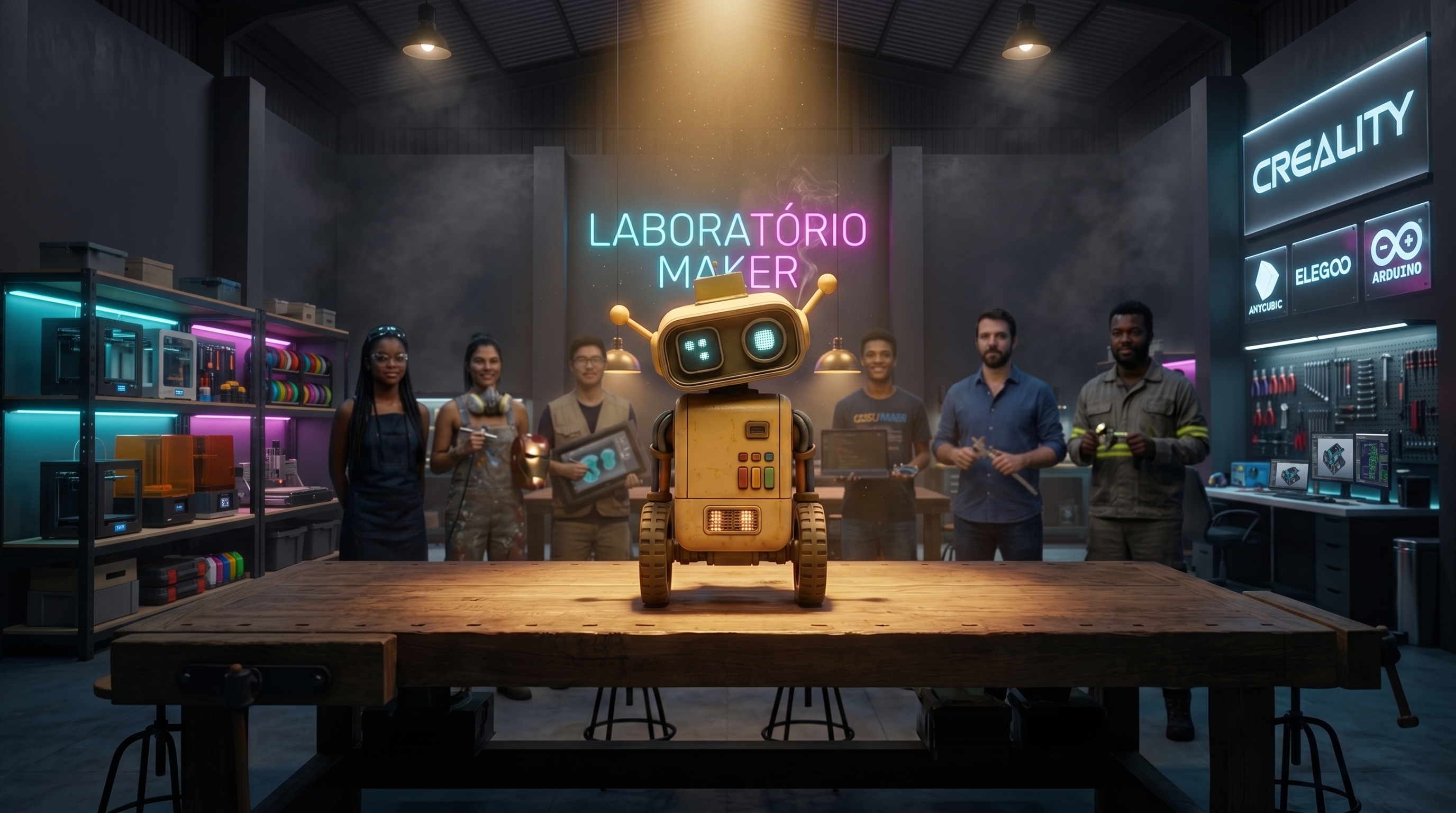 O Byte iluminado no palco do reality Laboratório Maker, com a bancada de inventores e o letreiro de neon ao fundo.