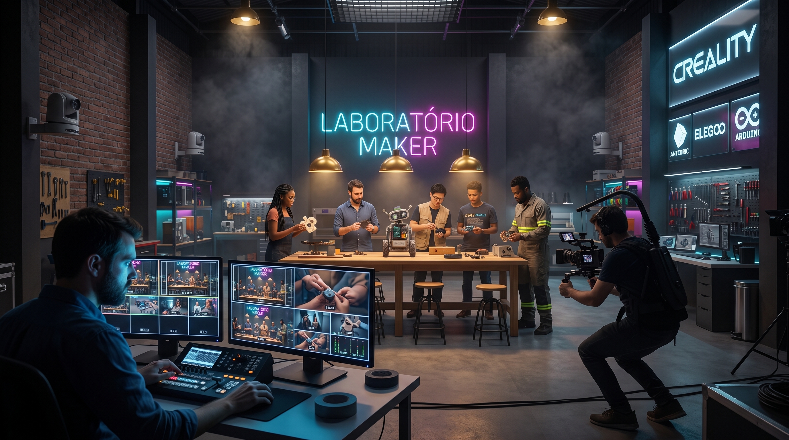 A oficina virada estúdio: um operador na mesa de corte com a grade multicam, câmeras móveis e PTZ, os makers trabalhando ao fundo sob o letreiro de neon.