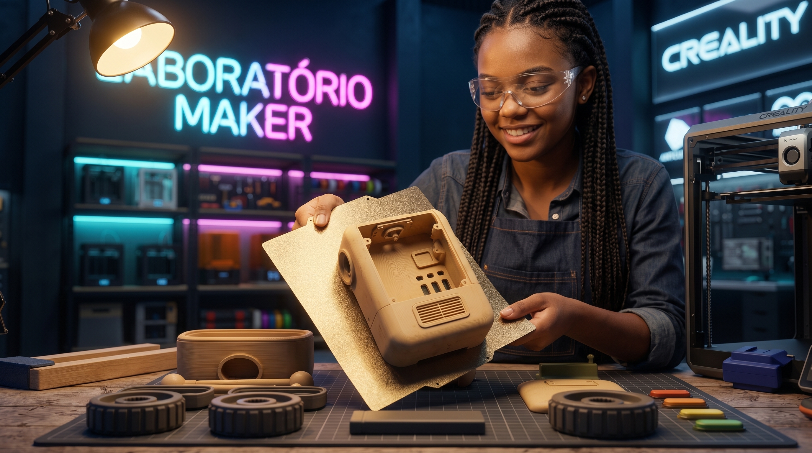 Uma peça do Byte recém-saída da impressora 3D, na mão.