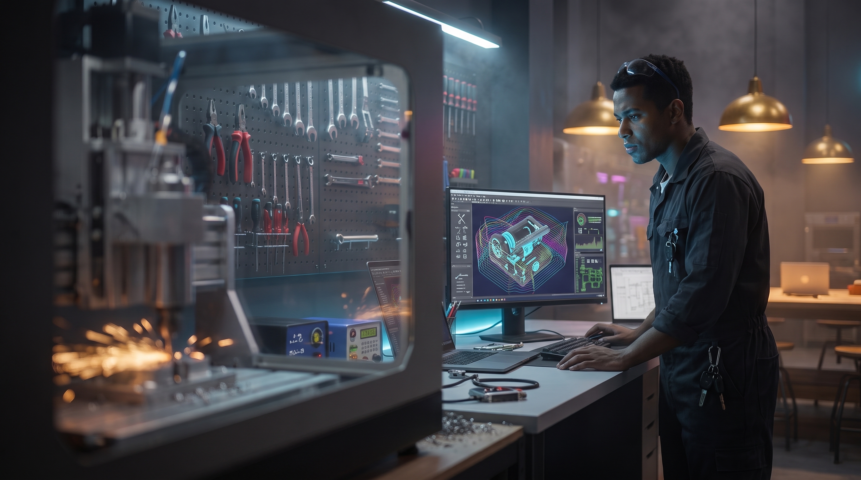 Um maker acompanha o código e o esquema do Byte na tela do computador.