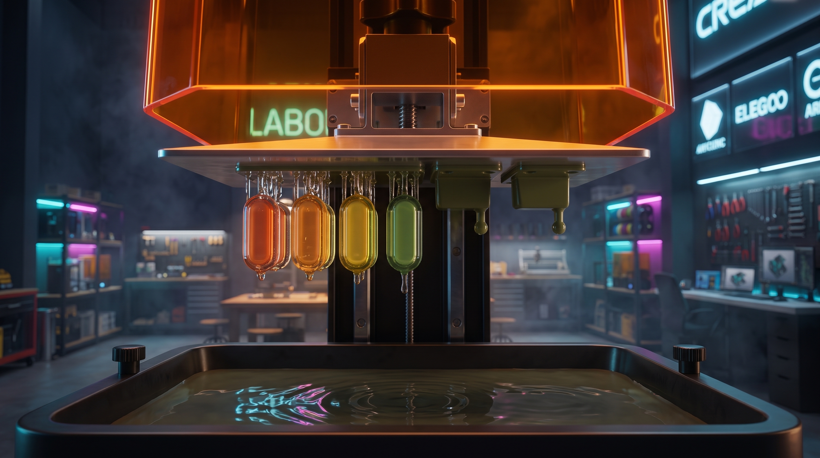 Uma impressora de resina ergue peças coloridas do Byte, do vermelho ao verde, sob luz de neon.