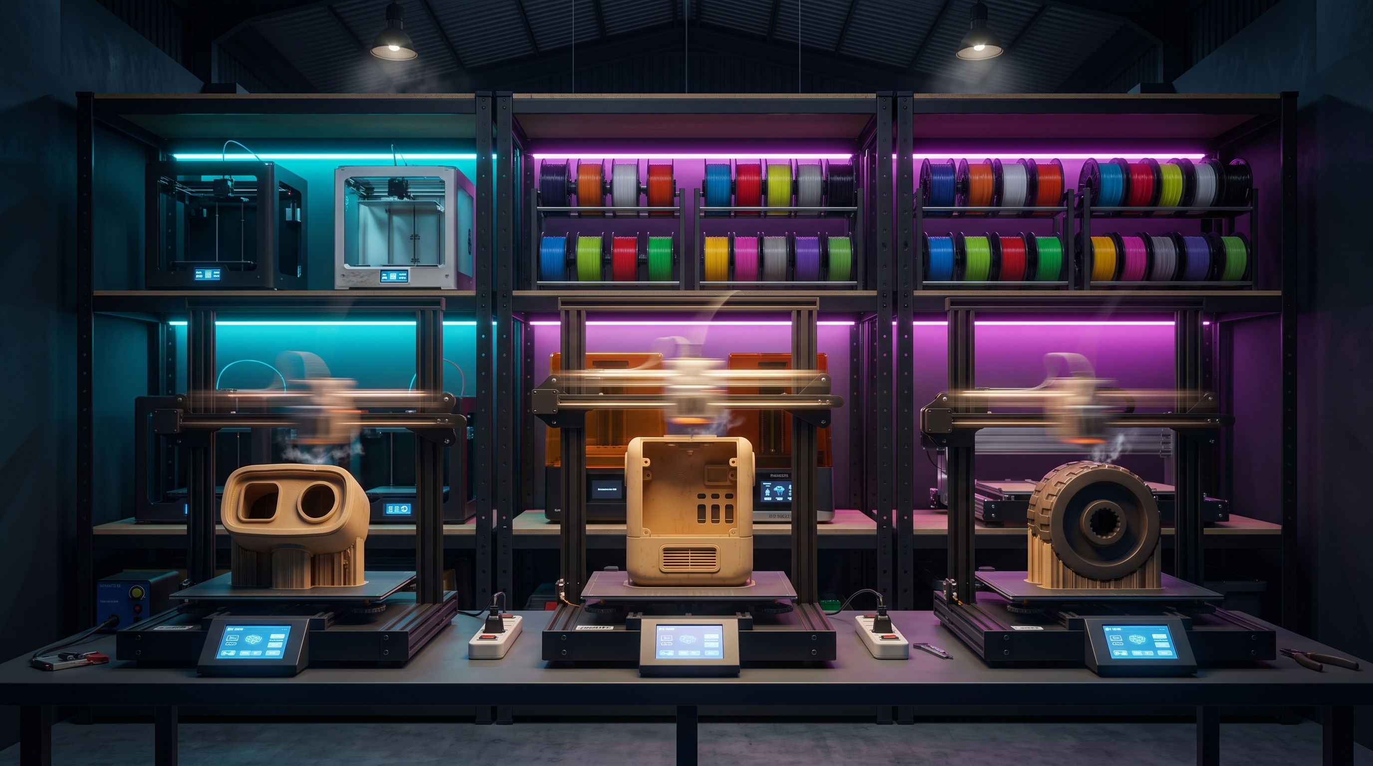 A parede de impressoras 3D trabalhando com luz de neon, pronta para produzir os próximos props.