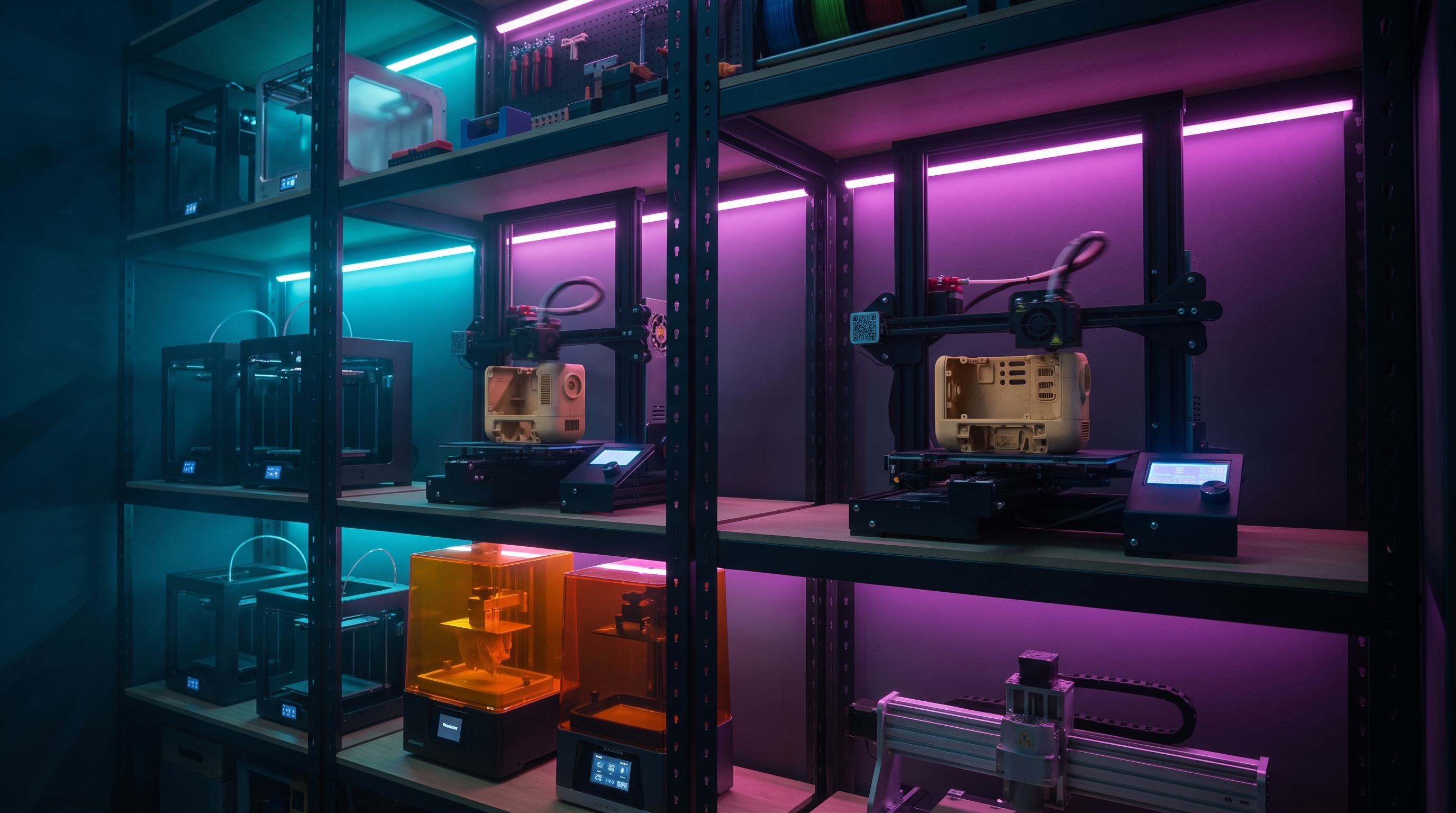 Uma estante de impressoras 3D e de resina sob luz de neon ciano e magenta, imprimindo peças do Byte.