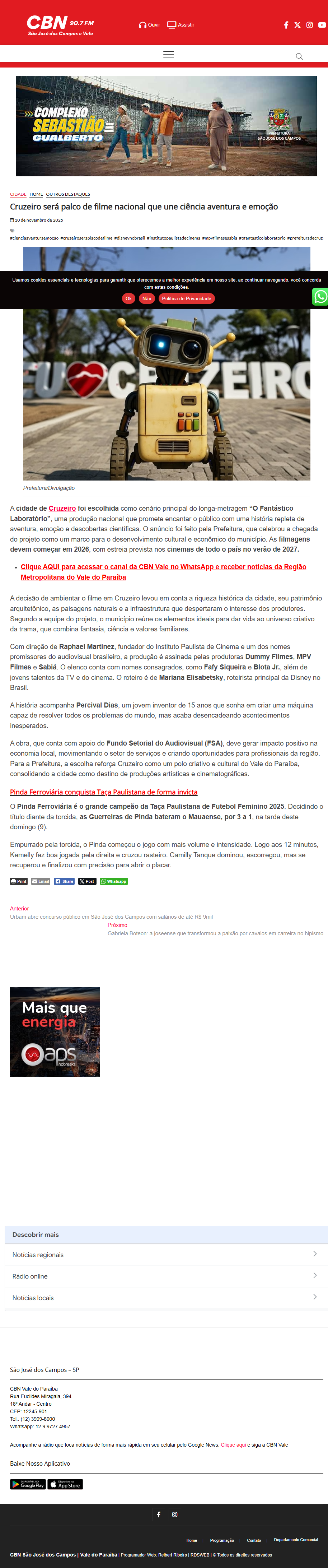 Captura da matéria da Rádio CBN Vale sobre o filme.
