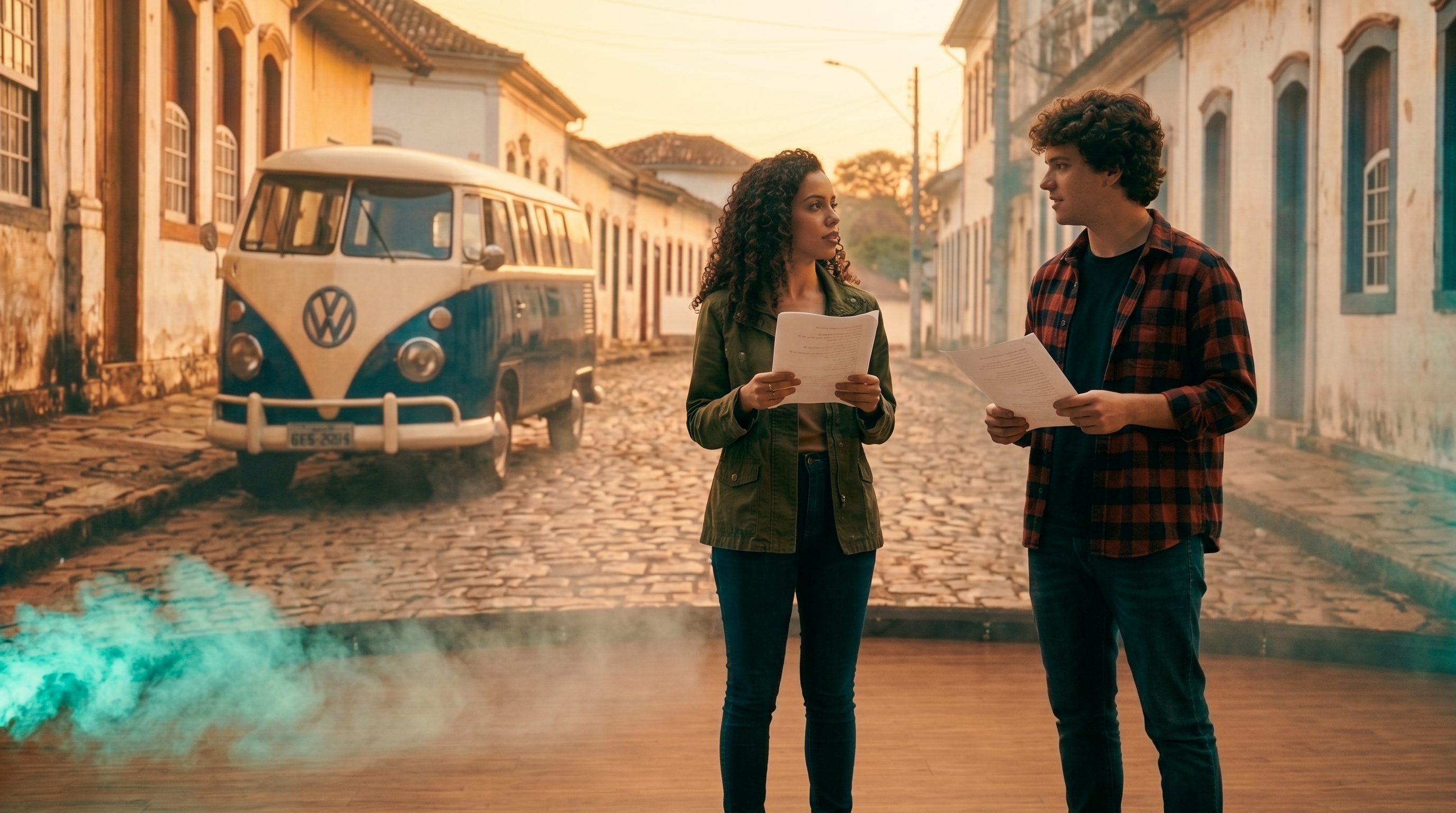 Dois jovens candidatos ensaiam uma cena com o roteiro em mãos, numa rua cenográfica.