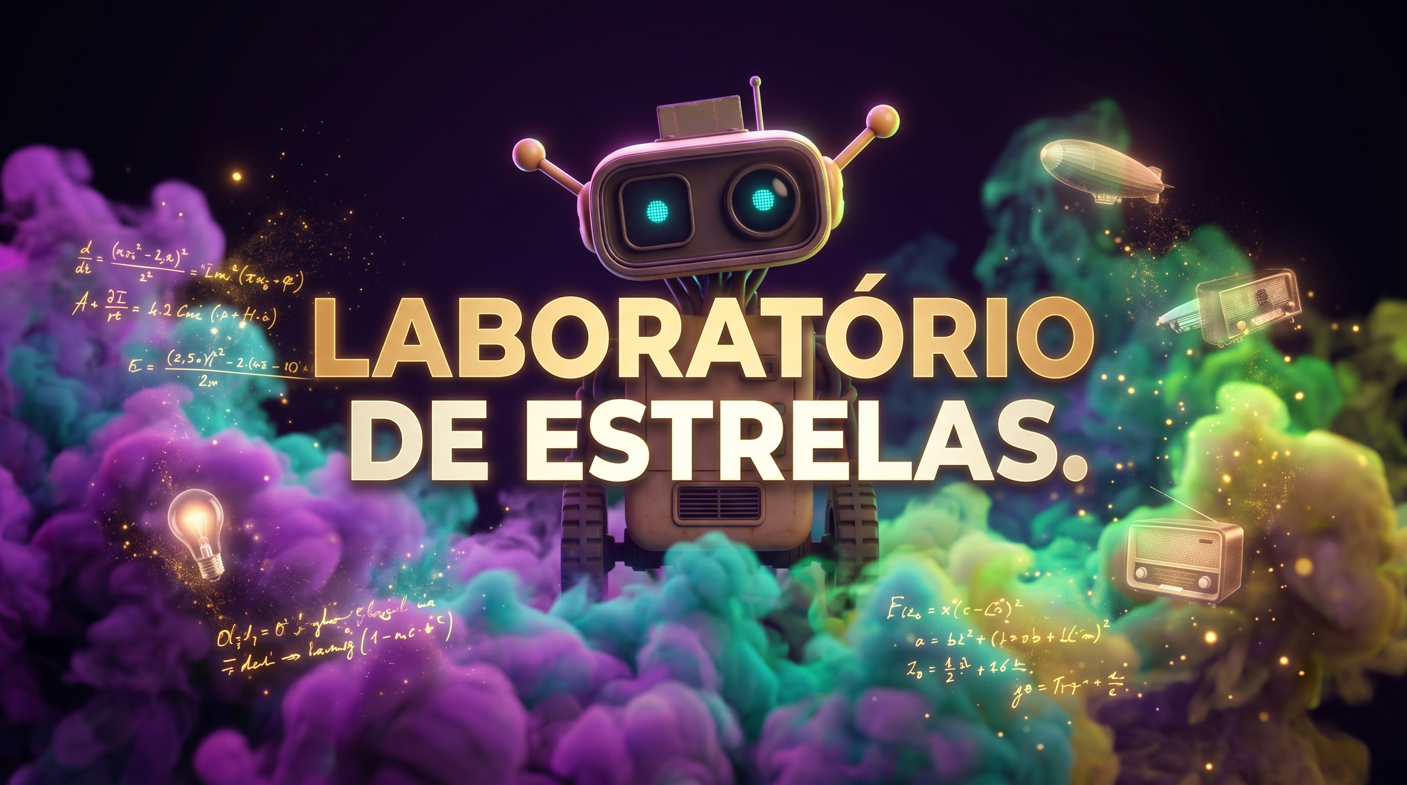 Cartela do programa Laboratório de Estrelas, com o Byte entre fumaça colorida.