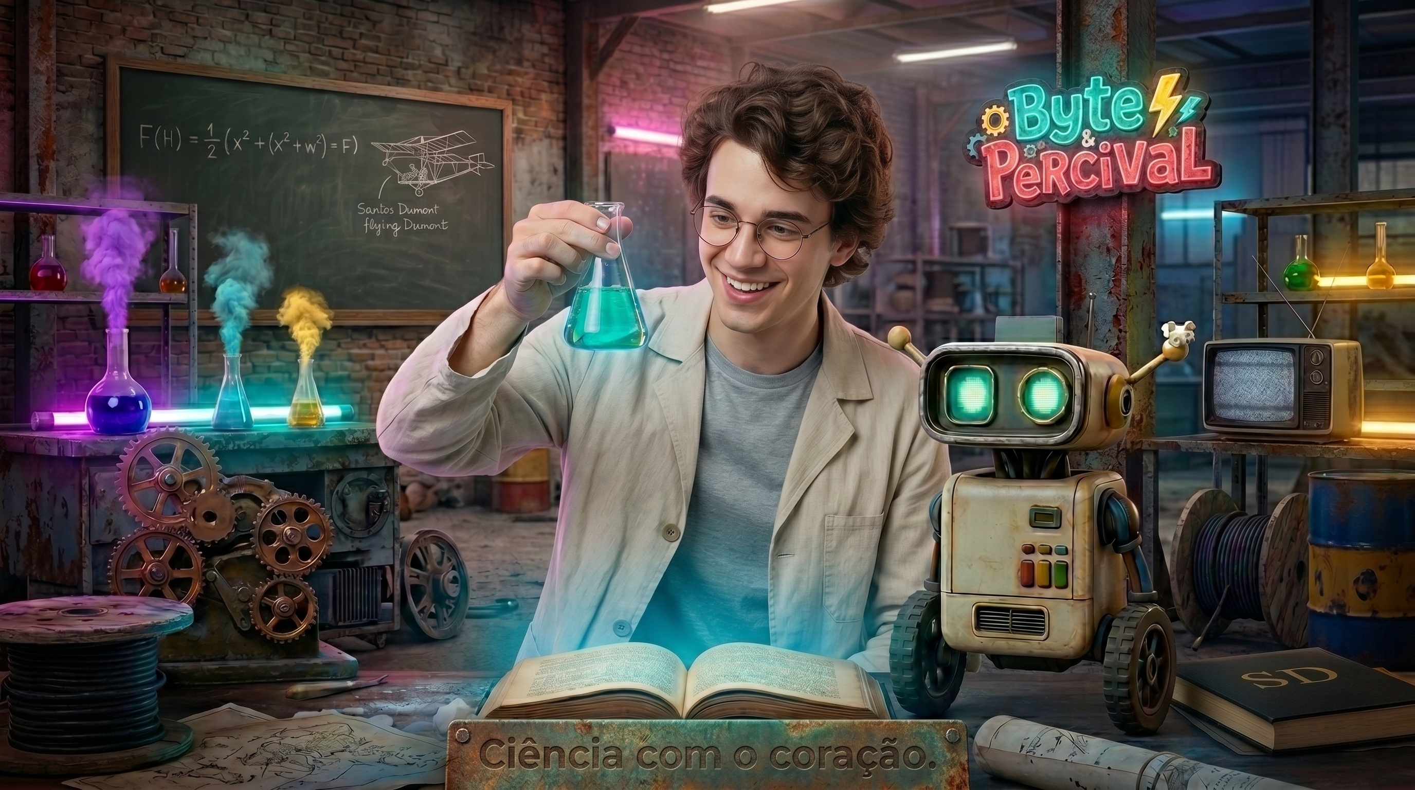 Percival faz um experimento ao lado do Byte, sob o letreiro Byte & Percival.