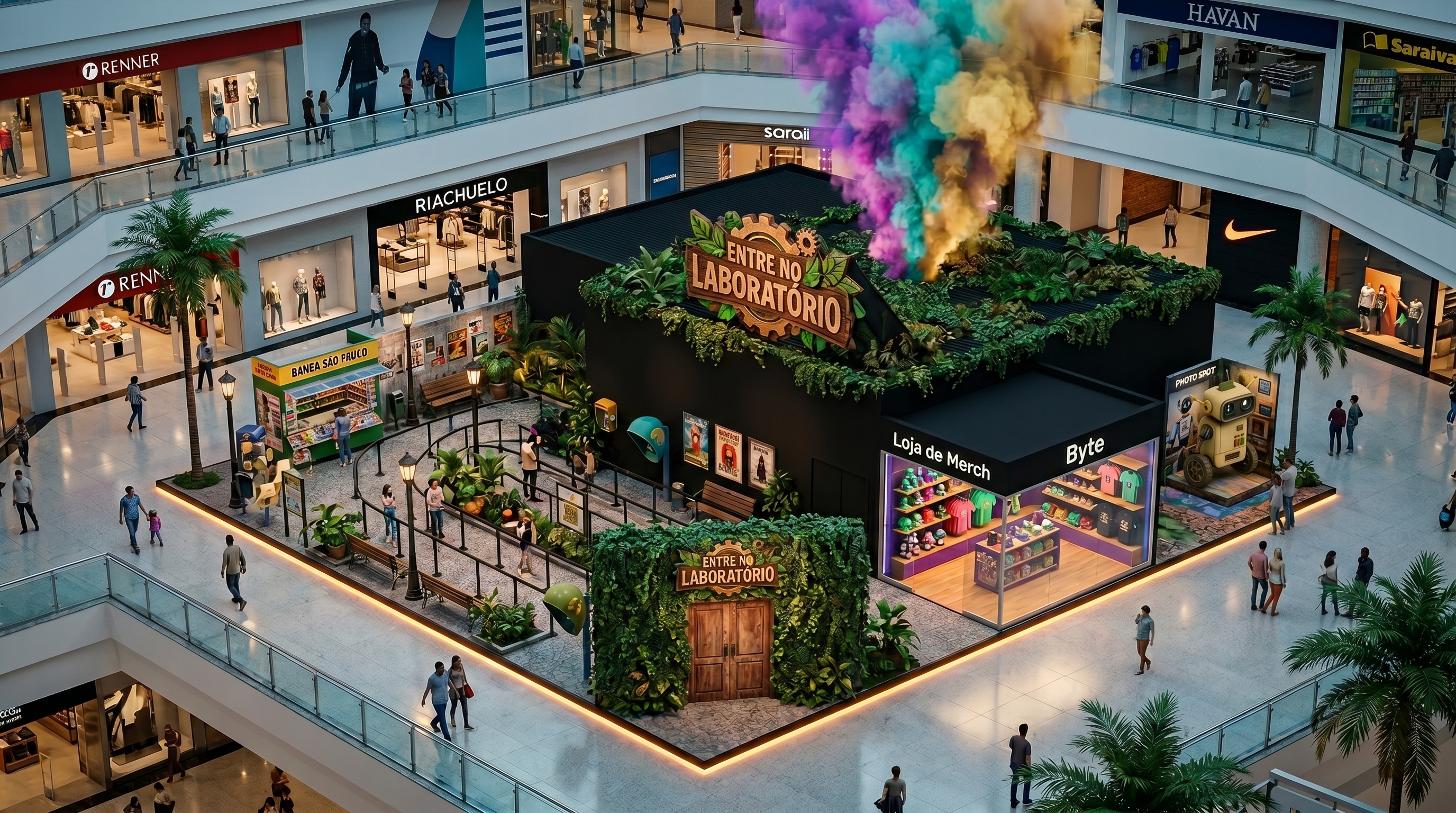 Num shopping, um stand imersivo com fachada de laboratório, fumaça colorida, loja de merch e photo spot com o Byte.