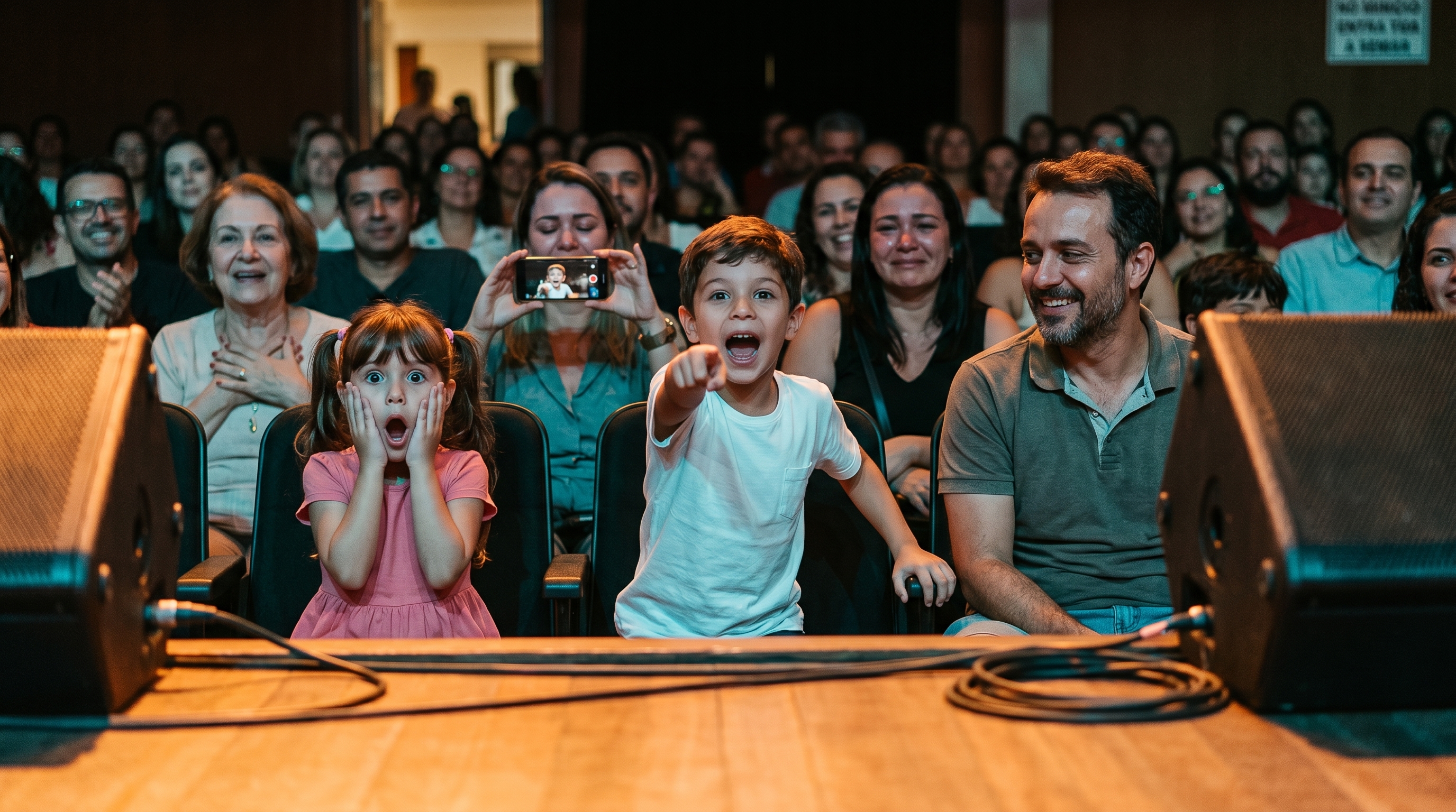 Na plateia de um teatro, crianças e famílias reagem maravilhadas ao espetáculo.