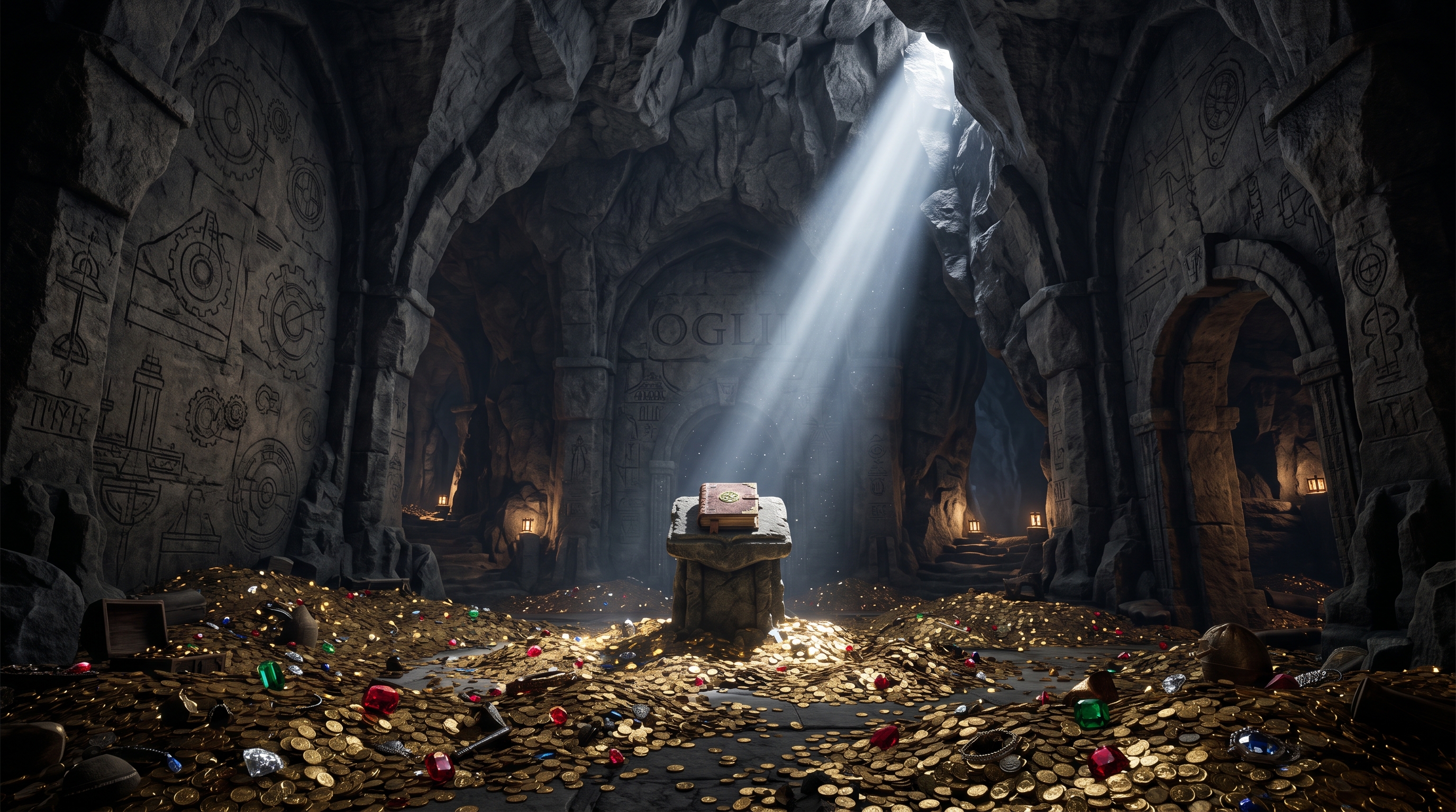 A câmara da Ordem: o Grande Livro sobre um pedestal de pedra, sob um facho de luar, cercado de ouro e pedras preciosas.
