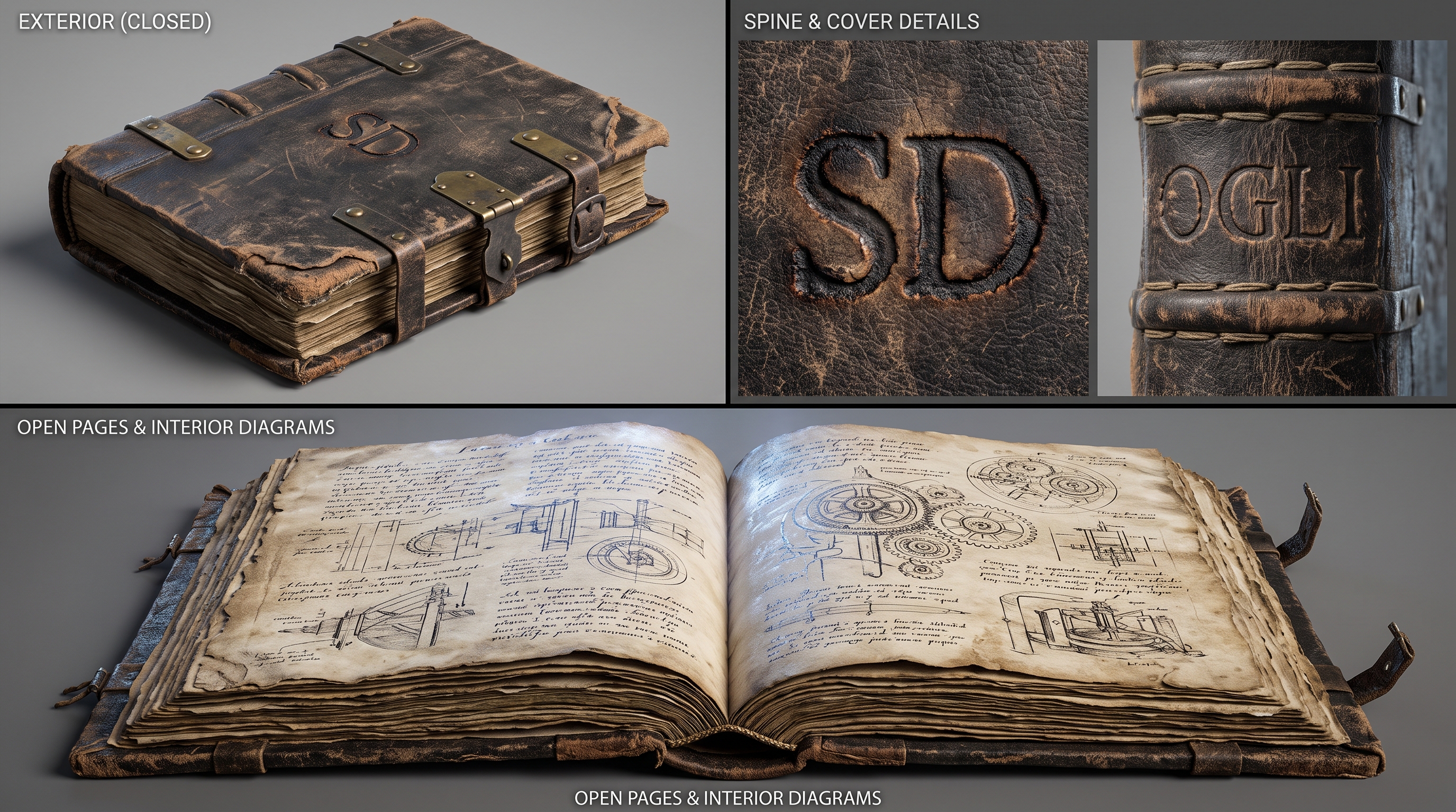 O Grande Livro das Invenções: capa de couro com SD e OGLI, e páginas internas com diagramas.