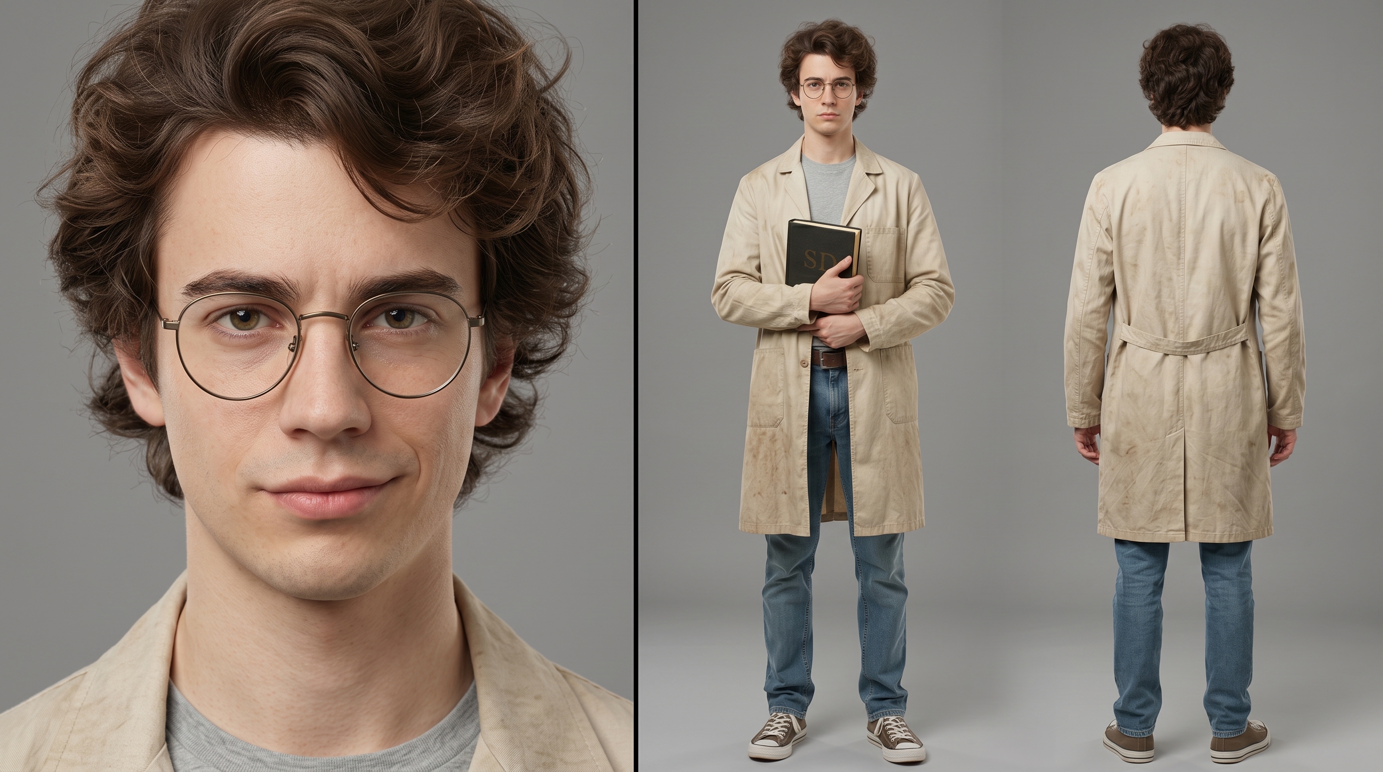 Estudo de personagem de Percival: rosto e turnaround.